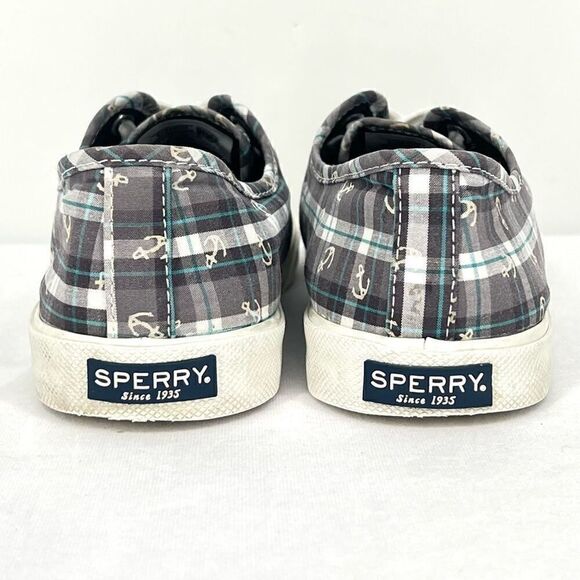 Sperry Pier View Anchor Plaid Gray Blue White Canvas Laced Slip On Sneakers 7.5 - Picture 10 of 11